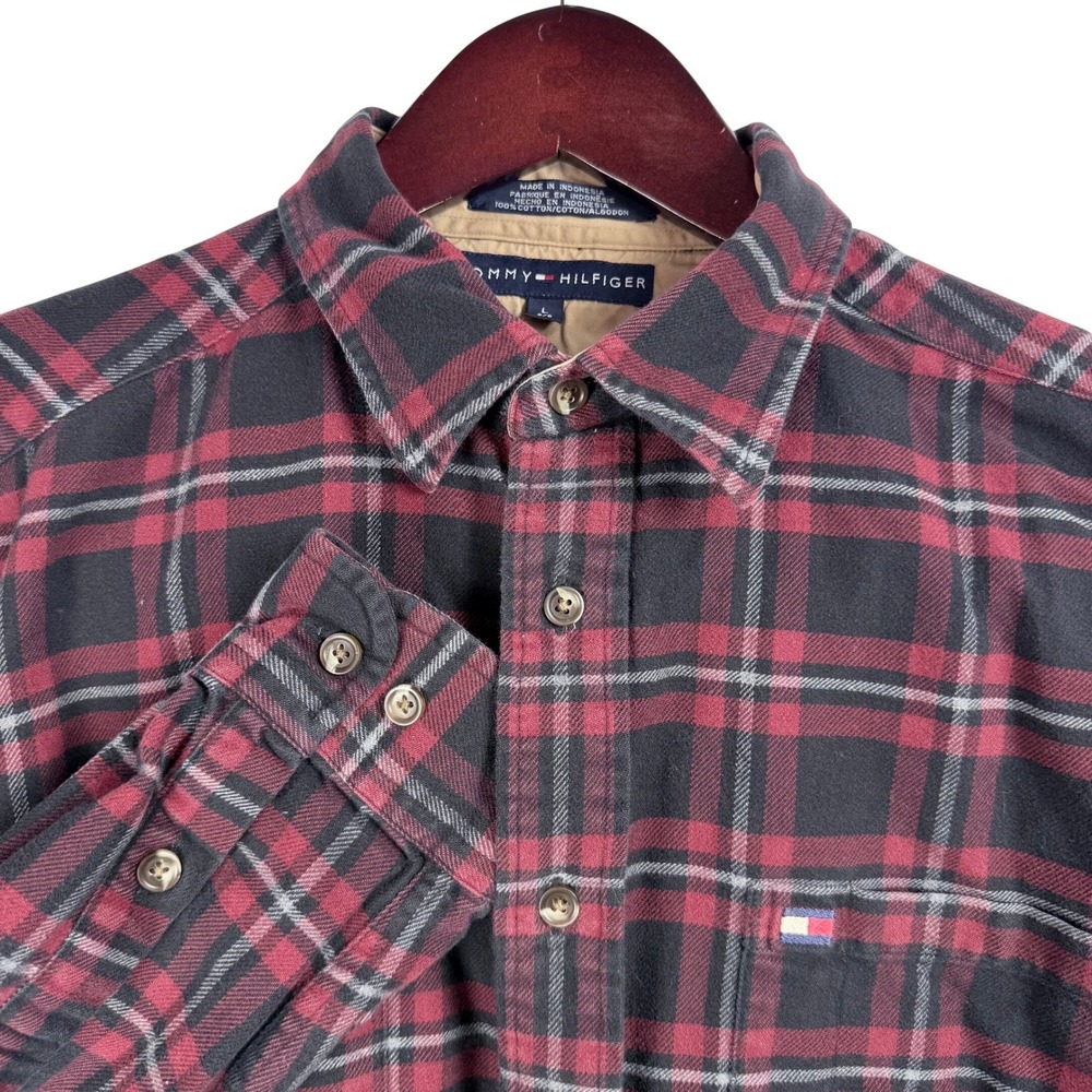 Tommy Hilfiger Flannel Shirt L Red Black Plaid Grunge Americana Cabin